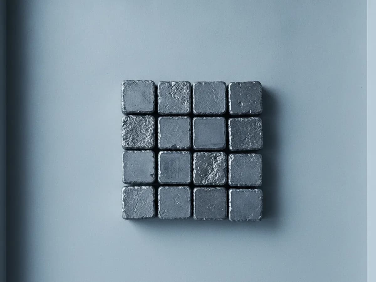 Kleine Metallbarren in unterschiedlichen Grautönen auf einer Ablage